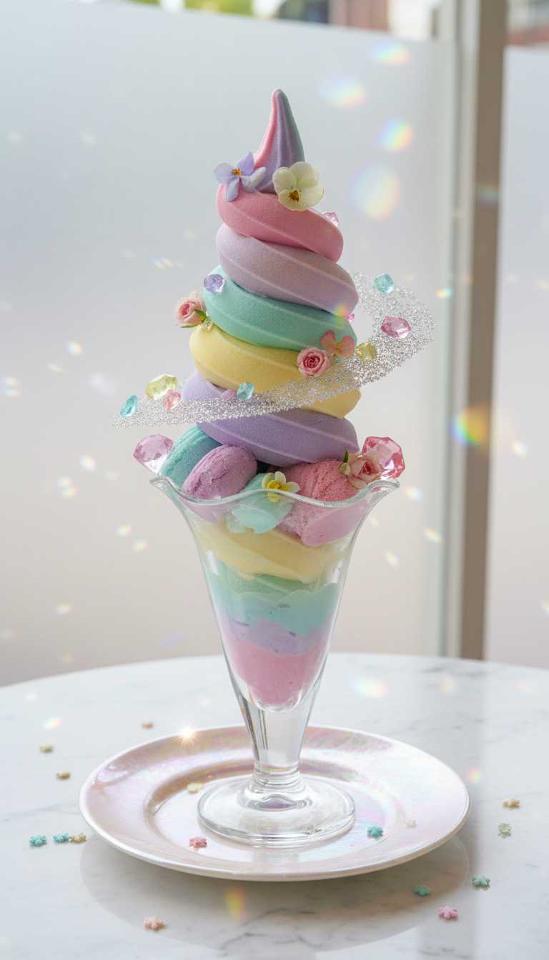 A towering swirl of pastel rainbow gelato in a crystal-clear glass parfait cup, with delicate edible flowers, sparkling candy gems, and silver sugar dust curling around the creamy layers. The dessert sits on an iridescent ceramic plate atop a white marble table, surrounded by tiny shimmering snowflake sprinkles scattered playfully. Soft, diffused daylight streams from a frosted window, reflecting in the facets of the glass and casting magical, prismatic highlights. The mood is whimsical and enchanting, with an energetic layout that draws the eye upward. Shot from a slightly elevated angle with sharp details throughout, embracing a vibrant, fantasy-art style perfectly suited to the playful theme of boutique frozen desserts.