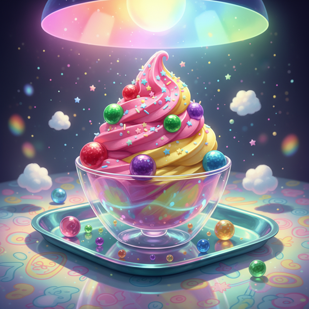 A dreamy, oversized frozen yogurt swirl in vibrant bubblegum pink and sunny lemon yellow, crowned with glossy, jewel-toned fruit spheres and a layer of shimmering star-shaped sprinkles. The dessert is nestled in an iridescent, double-walled glass bowl surrounded by scattered shiny marbles and tiny whimsical snow-puff puffs. The bowl sits on a shimmering teal tray on a reflective surface with hand-painted pastel doodles. Bright, colorful light emanates from a glowing orb lamp overhead, bathing the whole scene in a soft, magical luminosity and creating subtle rainbow shadows around the dessert. Captured from a low, slightly tilted perspective for a sense of dynamism. The fantasy-art style heightens the playful, magical mood, drawing viewers into the imaginative world of boutique frozen desserts.