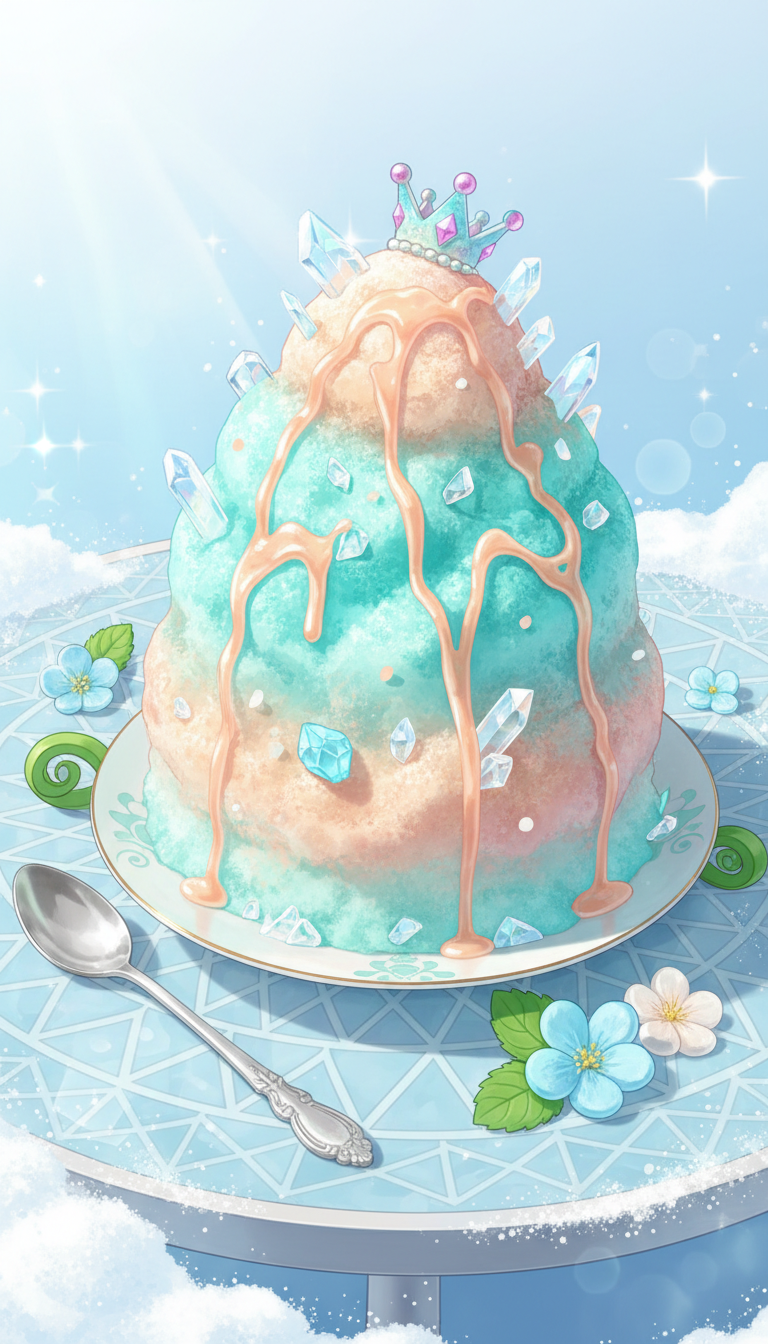 A whimsical mountain of fluffy shave ice in vivid aquamarine and peach hues with swirling syrup trails, topped by crystalline sugar shards and a tiny candy crown. The treat is perched on a glossy, round porcelain dish beside a silver spoon shaped like a snowflake. Surrounding the dish are sculpted ice flowers and cartoonish, oversized mint leaves, atop a cool-toned patterned table with sparkling, hand-drawn snowdrift edges. Lit by bright, playful studio lighting, with lively glints bouncing off the ice and creating dynamic highlights. The composition uses an eye-level, centered framing with rounded forms and energetic lines. The overall look is cheerful, vibrant, and fantasy-inspired, capturing the magical excitement of first discovering a special frozen treat.